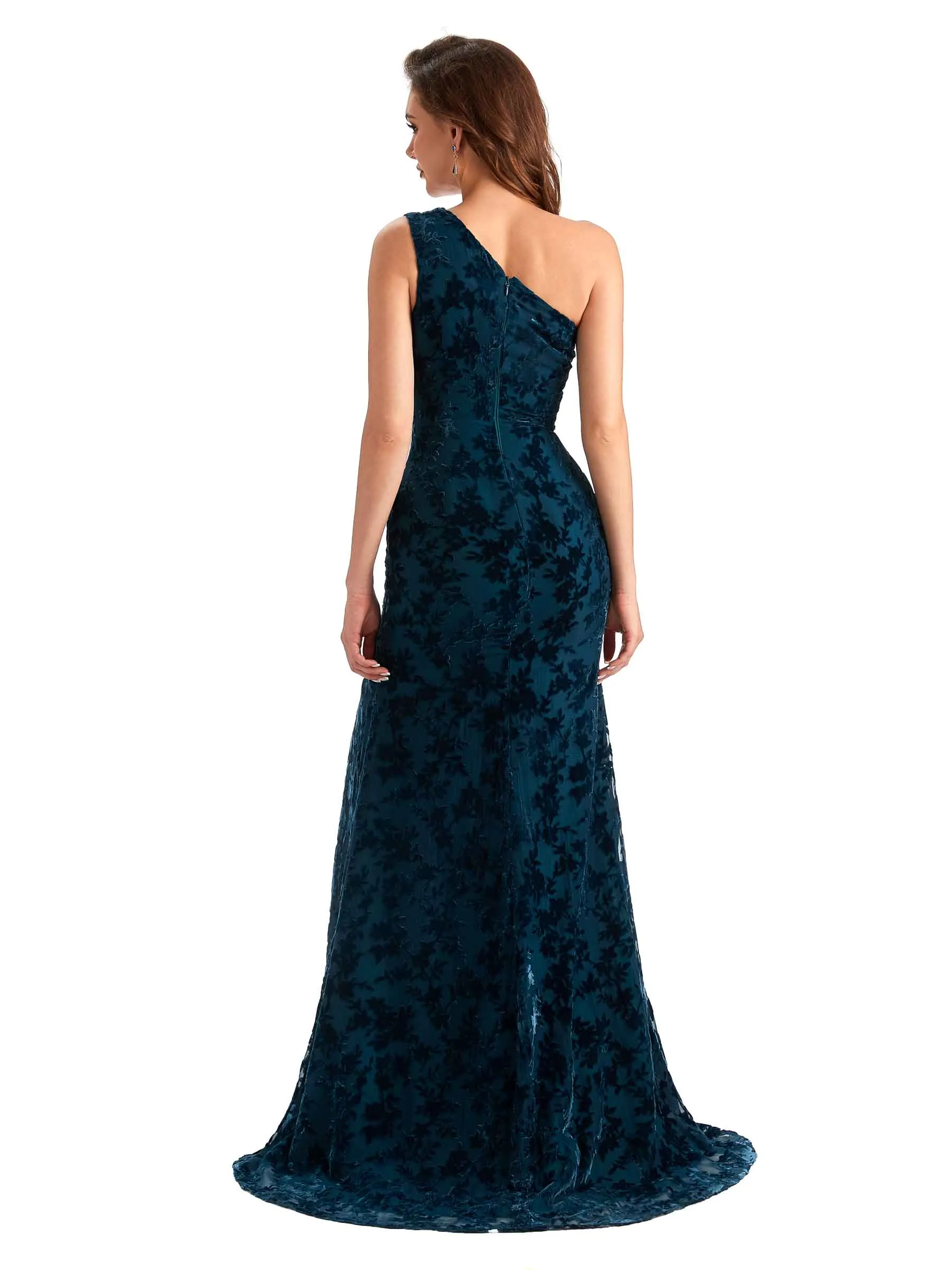 Elegant One Shoulder Mermaid Side Slit Floral Velvet Unique Long Bridesmaid Dresses sold by ChicSew product image thumbnail 3