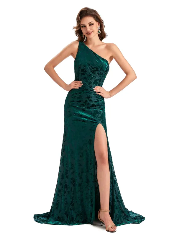Sexy Side Slit One Shoulder Mermaid Floral Velvet Long Modern Bridesmaid Dresses sold by ChicSew