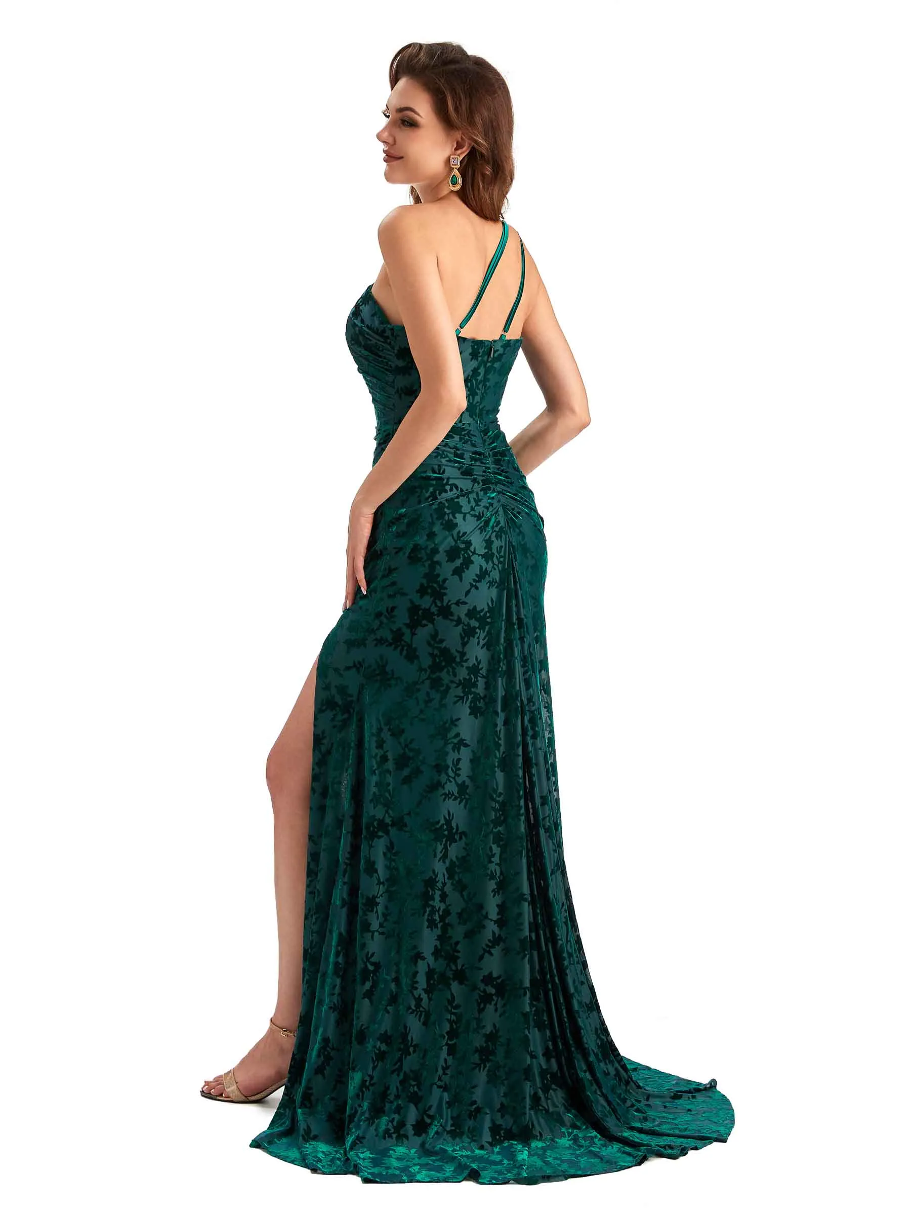 Sexy Side Slit One Shoulder Mermaid Floral Velvet Long Modern Bridesmaid Dresses sold by ChicSew product image thumbnail 5