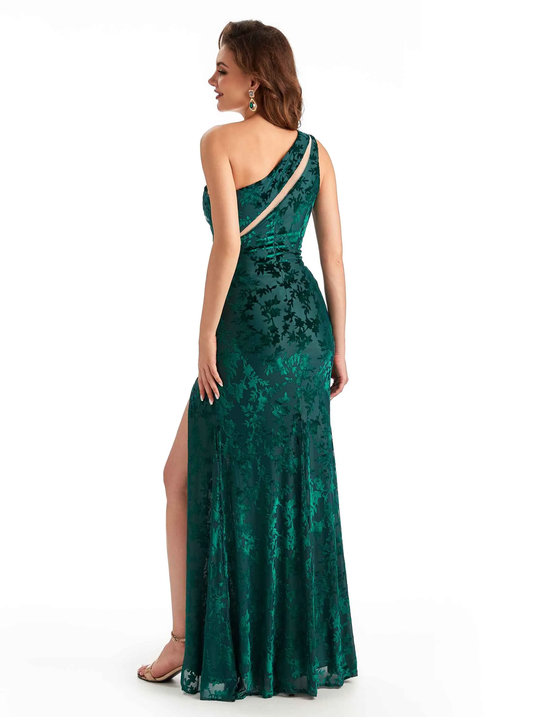 Sexy One Shoulder Side Slit Mermaid Floral Velvet See Through Long Bridesmaid Dresses sold by ChicSew product image thumbnail 5
