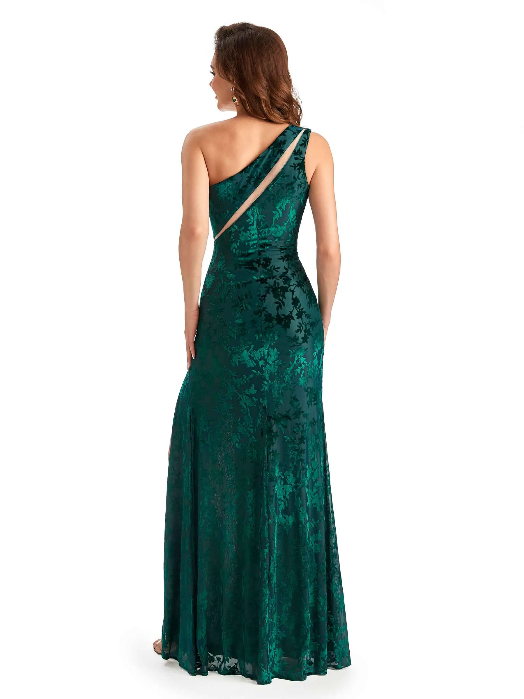 Sexy One Shoulder Side Slit Mermaid Floral Velvet See Through Long Bridesmaid Dresses sold by ChicSew product image thumbnail 3
