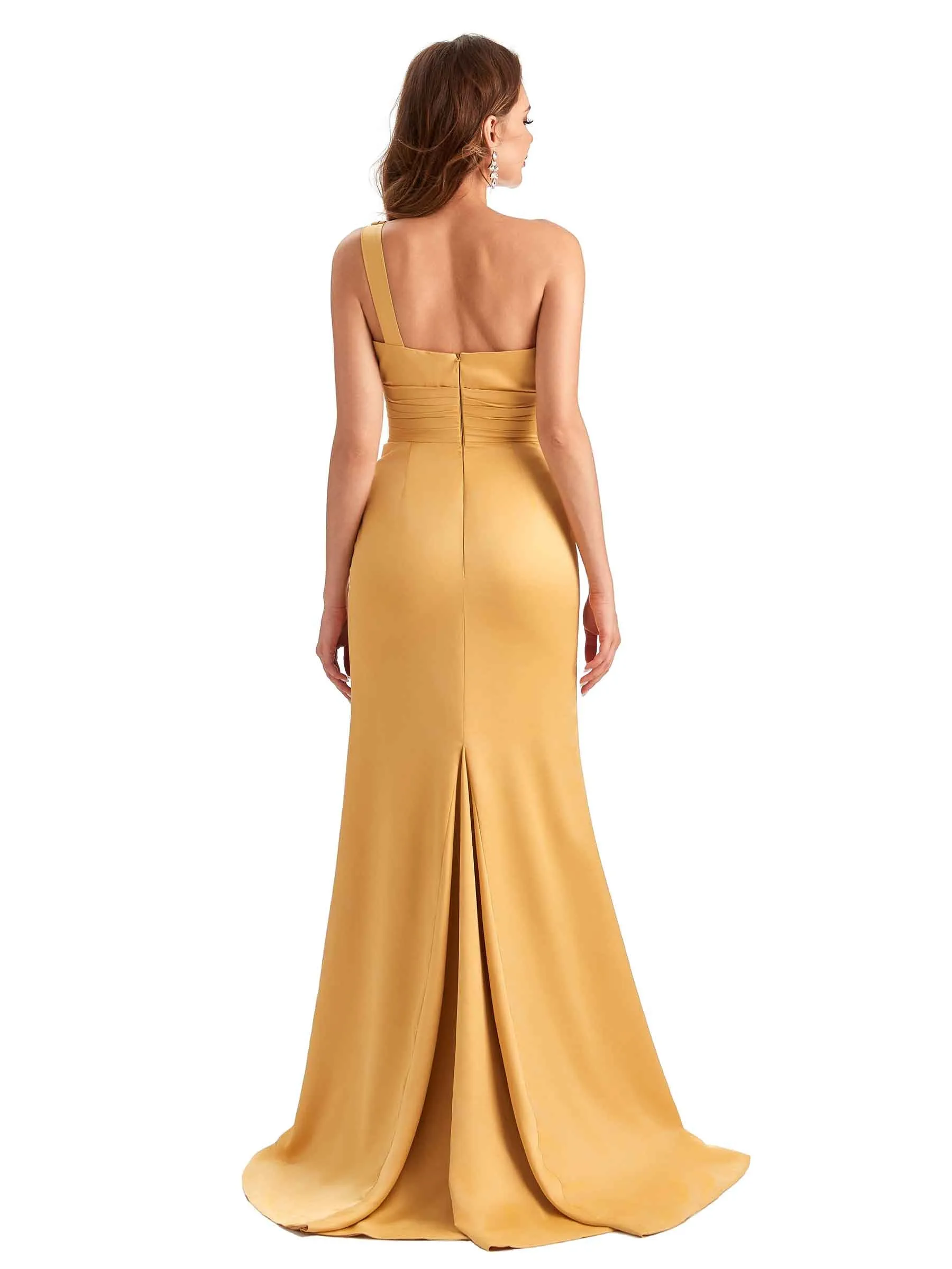 Sexy Side Slit Mermaid Silky Satin One Shoulder Unique Long Bridesmaid Dresses sold by ChicSew product image thumbnail 3