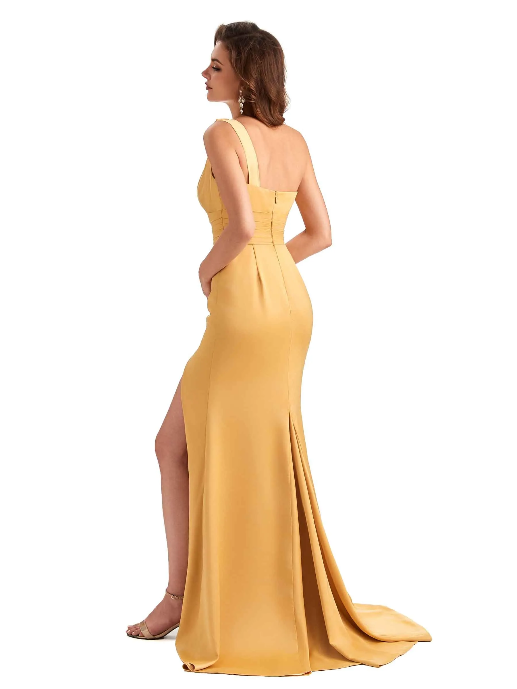 Sexy Side Slit Mermaid Silky Satin One Shoulder Unique Long Bridesmaid Dresses sold by ChicSew product image thumbnail 5