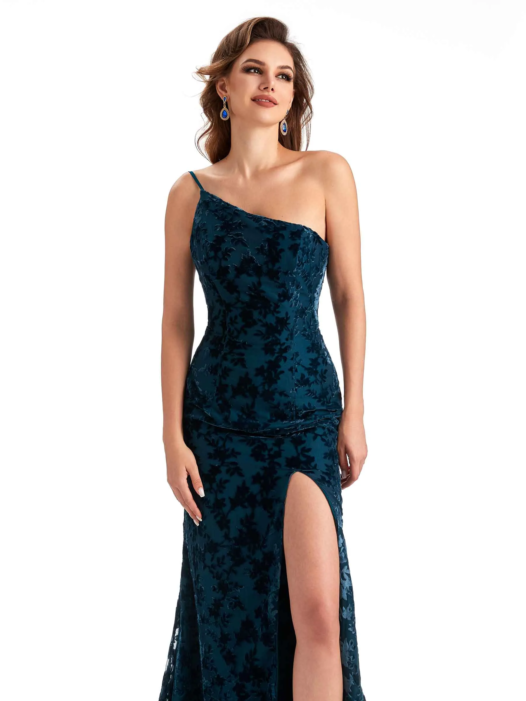 Sexy Side Slit One Shoulder Mermaid Floral Velvet Long Bridesmaid Dresses Online sold by ChicSew product image thumbnail 2