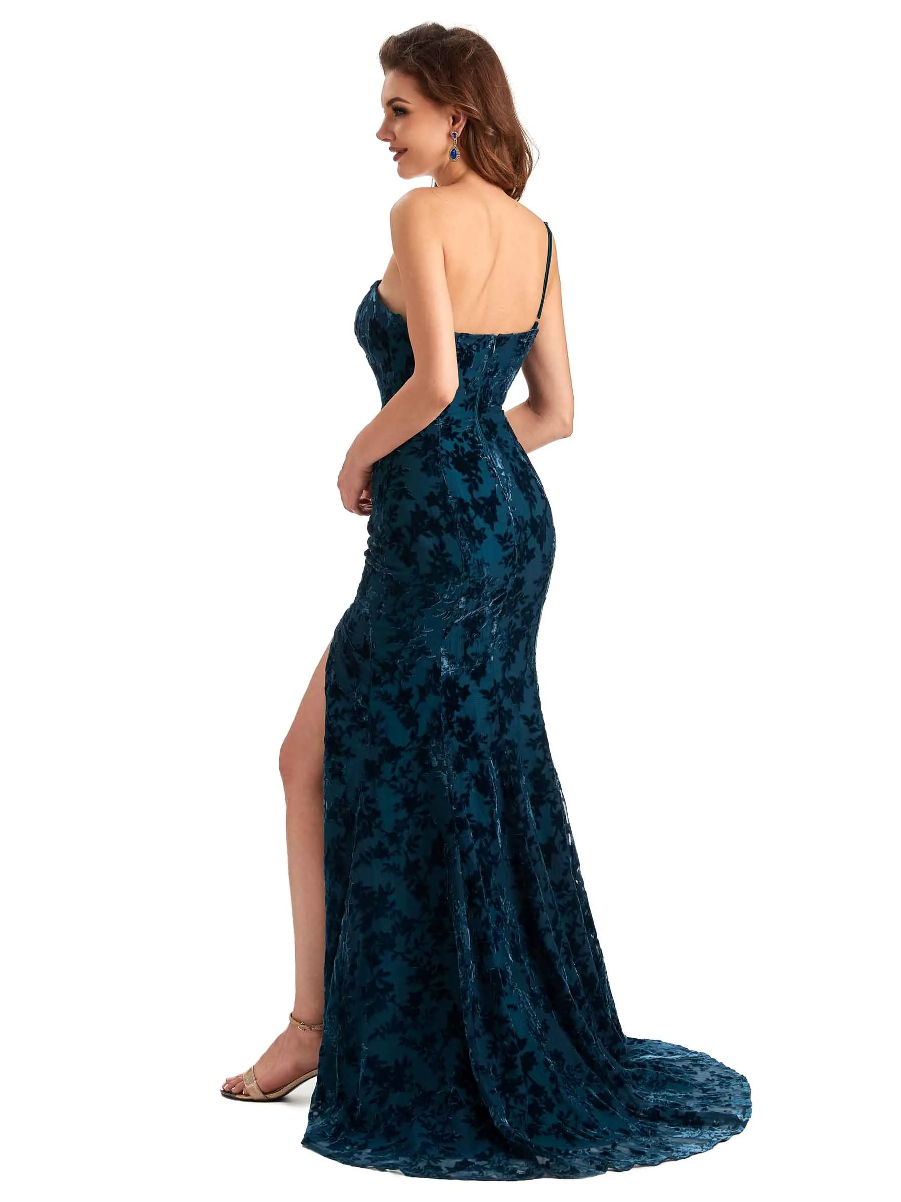 Sexy Side Slit One Shoulder Mermaid Floral Velvet Long Bridesmaid Dresses Online sold by ChicSew product image thumbnail 5