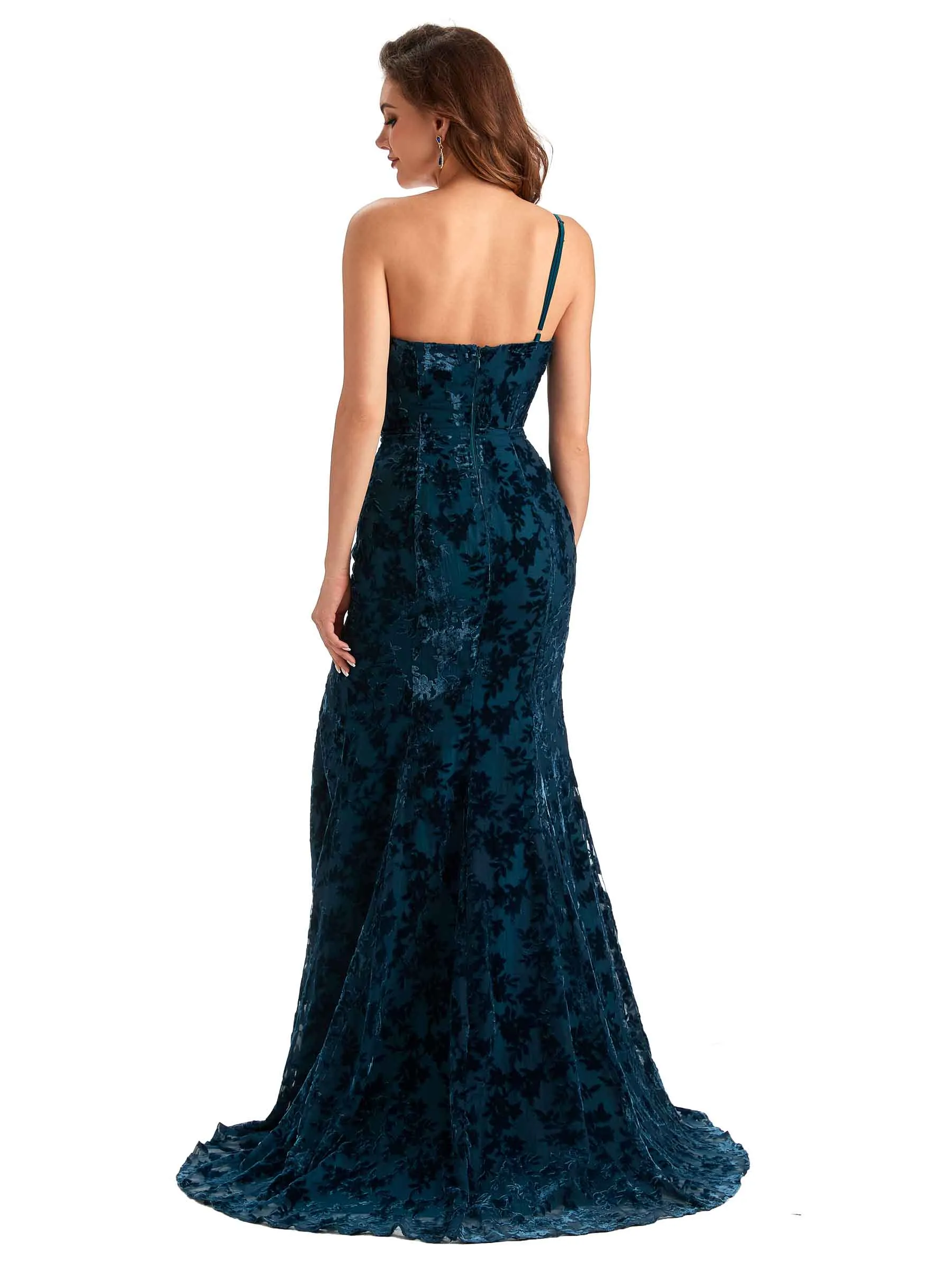 Sexy Side Slit One Shoulder Mermaid Floral Velvet Long Bridesmaid Dresses Online sold by ChicSew product image thumbnail 3