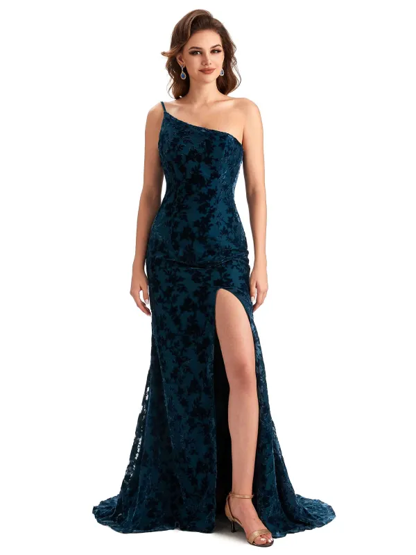 Sexy Side Slit One Shoulder Mermaid Floral Velvet Long Bridesmaid Dresses Online sold by ChicSew