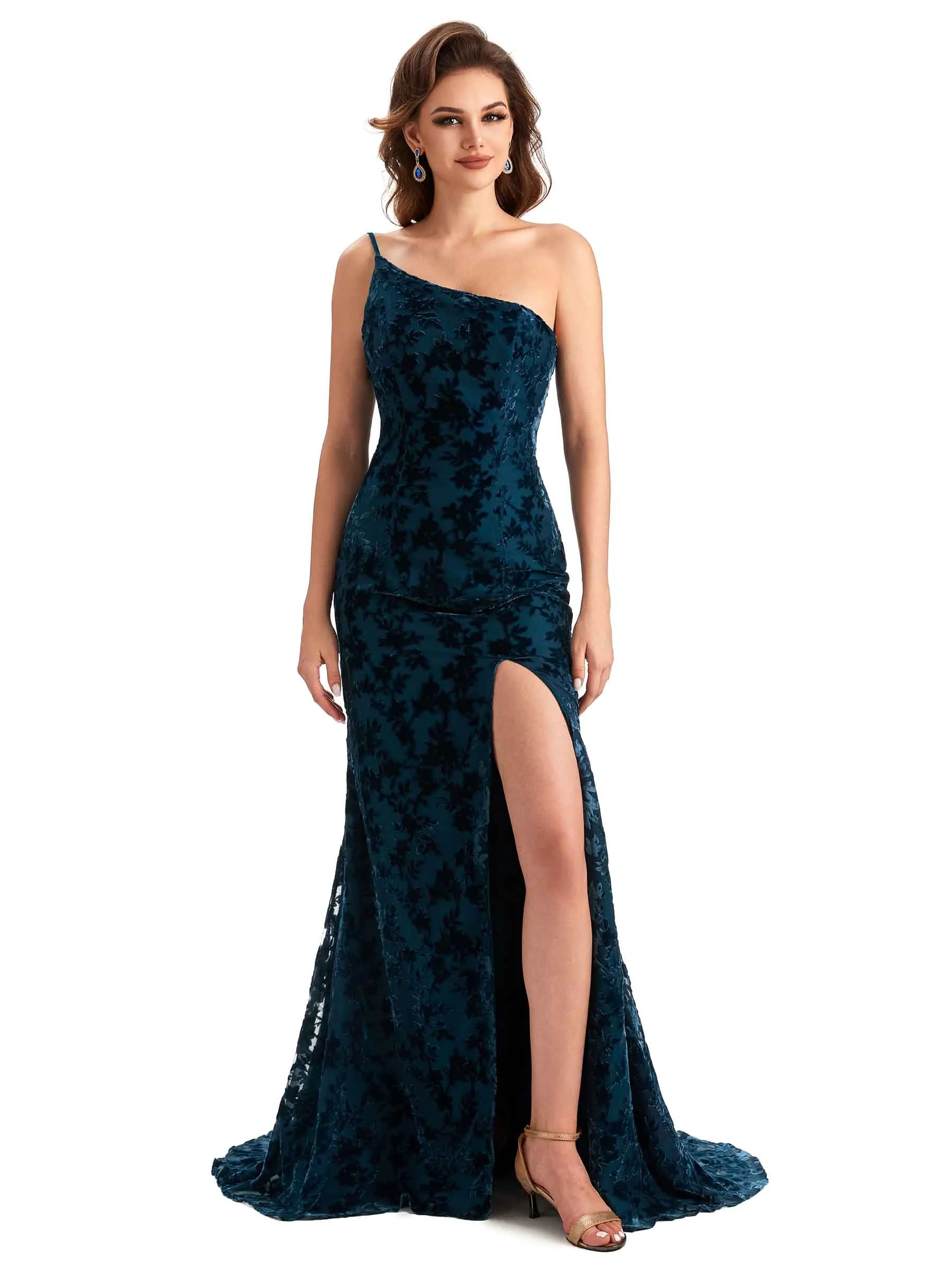 Sexy Side Slit One Shoulder Mermaid Floral Velvet Long Bridesmaid Dresses Online sold by ChicSew