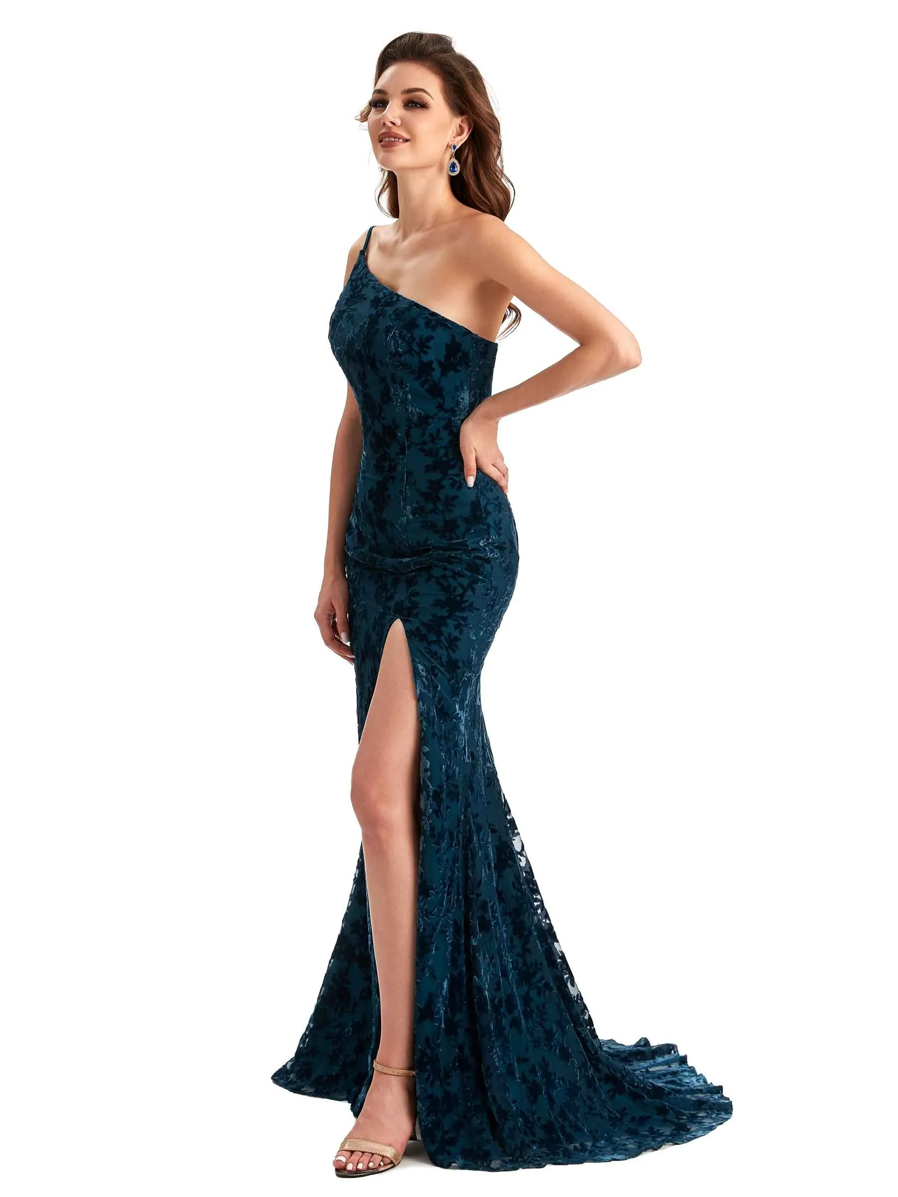 Sexy Side Slit One Shoulder Mermaid Floral Velvet Long Bridesmaid Dresses Online sold by ChicSew product image thumbnail 4