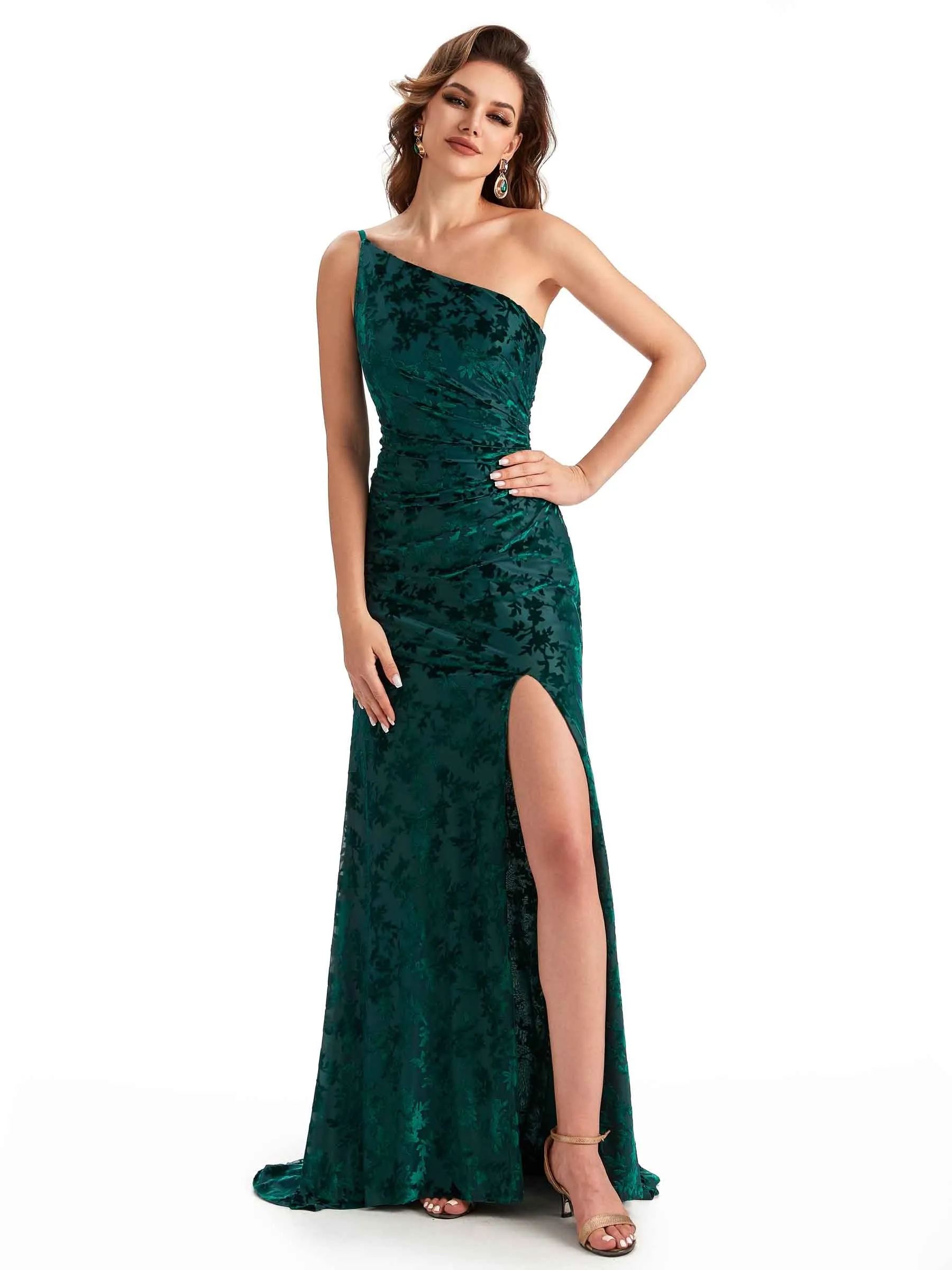 Sexy One Shoulder Side Slit Mermaid Floral Velvet Long Bridesmaid Dresses Online sold by ChicSew