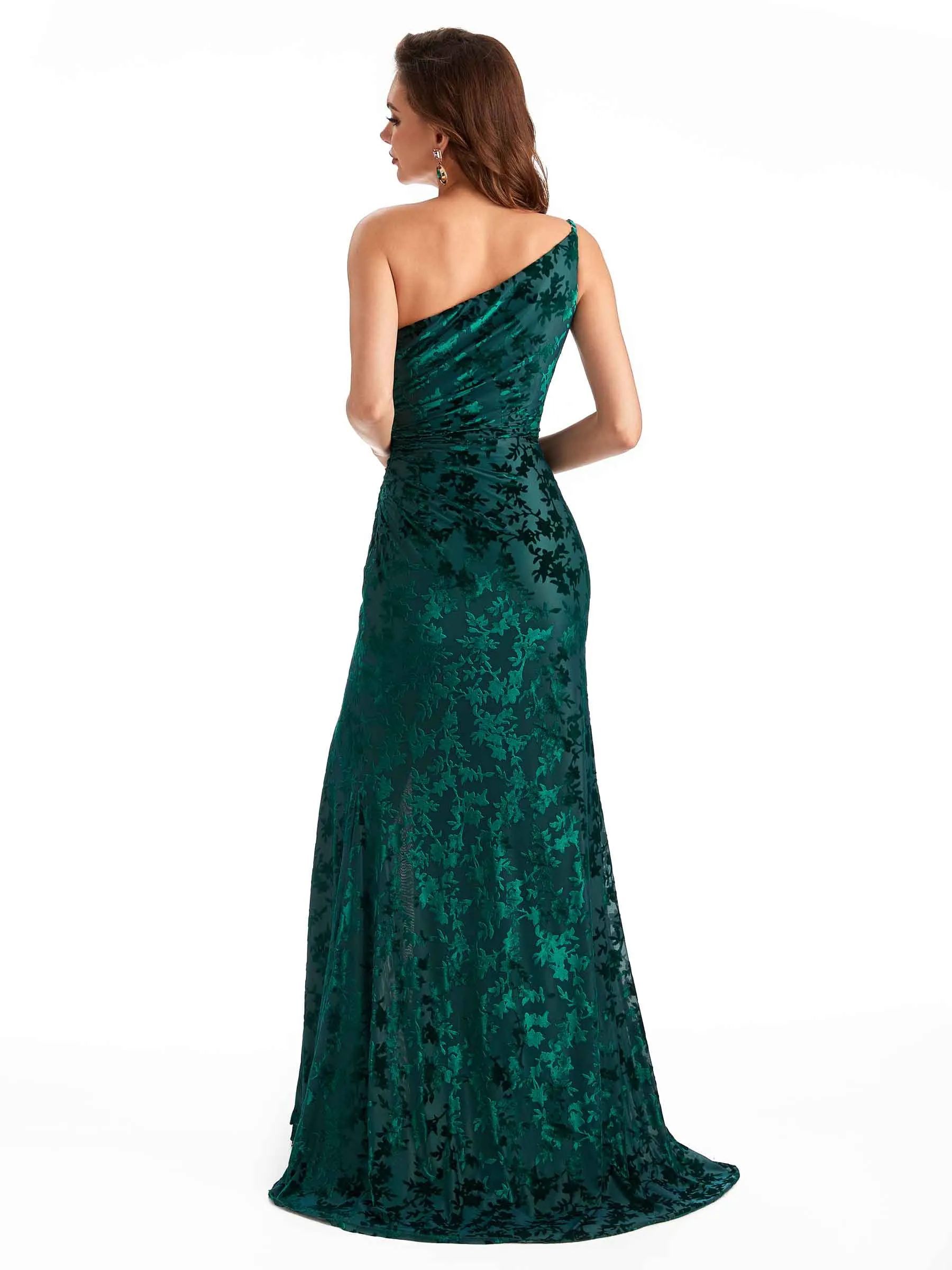 Sexy One Shoulder Side Slit Mermaid Floral Velvet Long Bridesmaid Dresses Online sold by ChicSew product image thumbnail 3