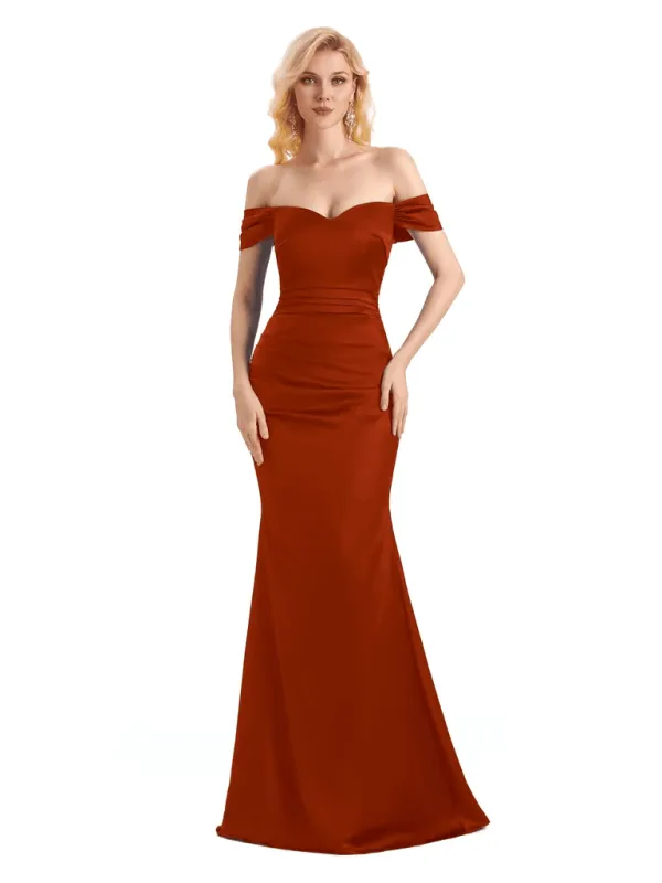 Simple Soft Satin Off The Shoulder Long Mermaid Bridesmaid Dresses Online In Stock sold by ChicSew