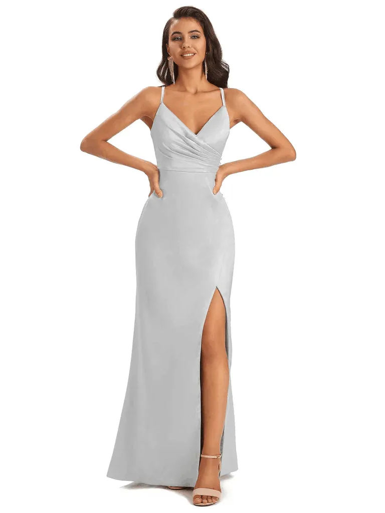 Soft Satin Side Slit Spaghetti Straps Floor-Length Sexy Mermaid Bridesmaid Dresses In Stock sold by ChicSew