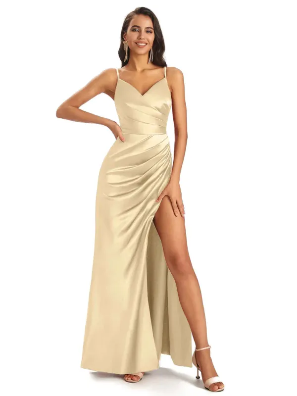 Sexy Soft Satin V-Neck Spaghetti Straps Side-Slit Floor-Length Bridesmaid Dresses In Stock made by ChicSew
