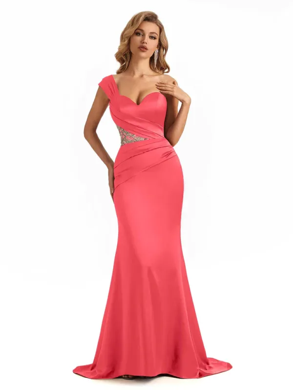 Sexy Soft Satin Lace One Shoulder Mermaid Bridesmaid Dresses Online In Stock sold by ChicSew