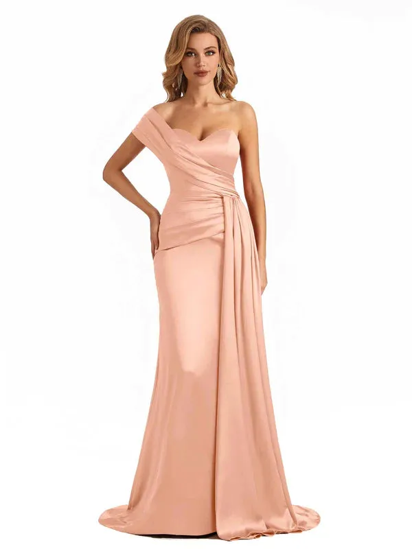 Elegant One Shoulder Soft Satin Long Mermaid Bridesmaid Dresses Online In Stock sold by ChicSew
