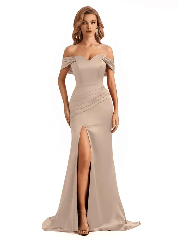 Sexy Side Slit Mermaid Off Shoulder V-neck Maxi Soft Satin Long Bridesmaid Dresses In Stock sold by ChicSew