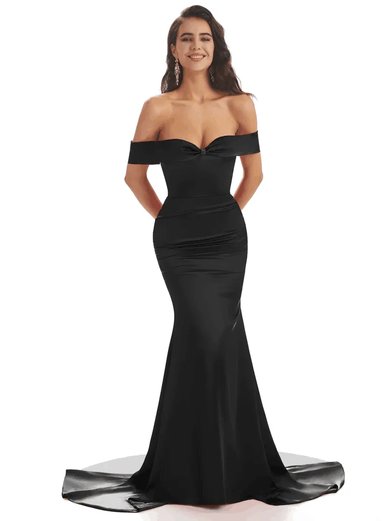 Modern Soft Satin Off-Shoulder Floor Length Mermaid Bridesmaid Dresses In Stock sold by ChicSew