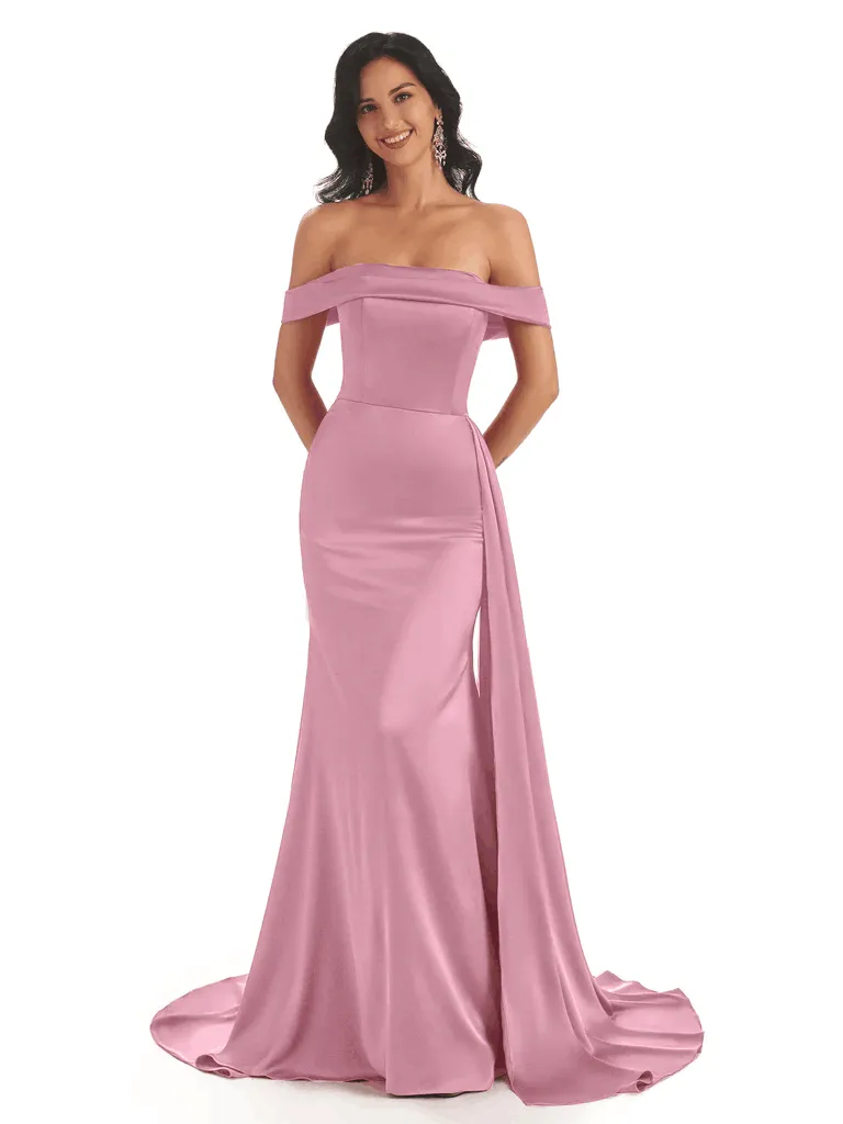 Off The Shoulder Soft Satin Mermaid Floor Length Bridesmaid Dresses Gown In Stock sold by ChicSew product image thumbnail 2