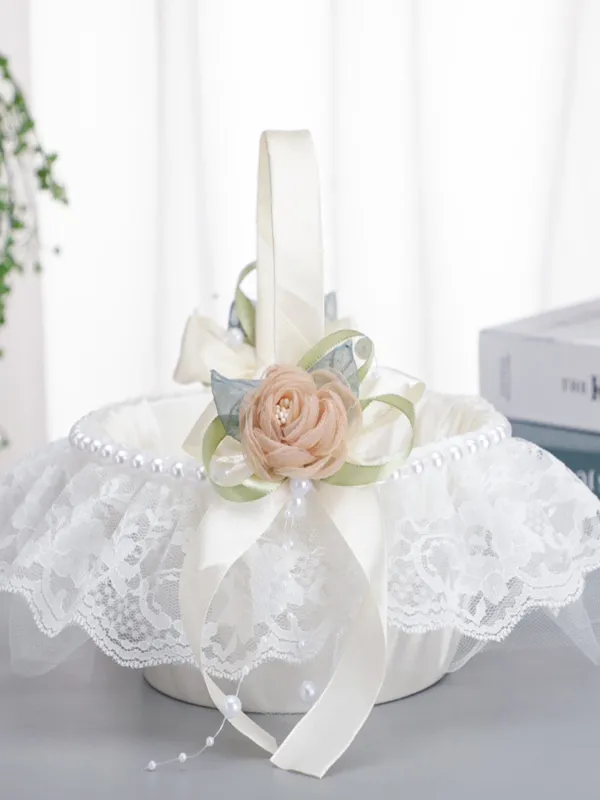 Pearl Bow Flower Decoration Lace Flower Basket Wedding Flower Portable Flower Basket, HL-5737 sold by ChicSew
