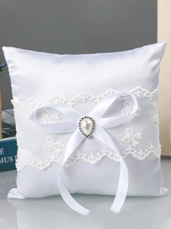White Wedding Ring Pillow Set Bow Knot Lace Decoration, JZH-5978 sold by ChicSew