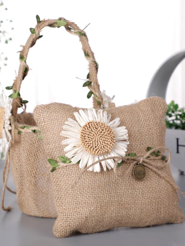 Daisy Wedding Ring Pillow with Vintage Cotton and Rattan Decoration, JZH-5919 sold by ChicSew