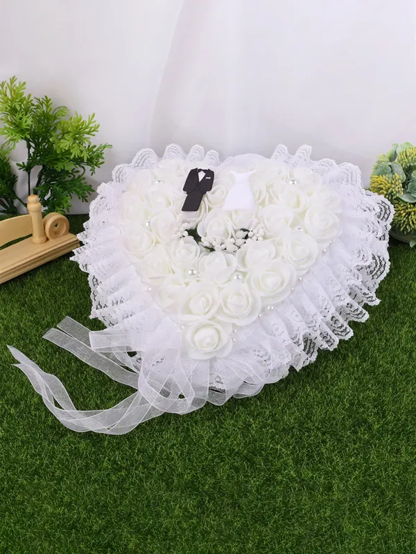 White Wedding Ring Pillow Ring Pillow Holder Lace Ring Box For Brides And Groom, JZH-5883 sold by ChicSew