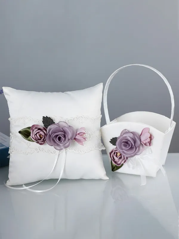 Purple Artificial Flower Lace Wedding Ring Pillow For Brides And Groom, JZH-5974 made by ChicSew