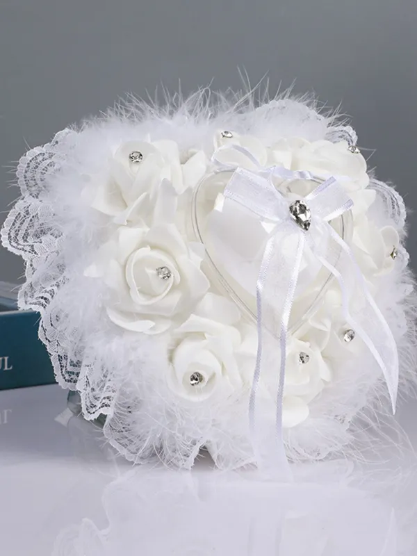Heart-Shaped Rose Accessories Lace Creative Ostrich Feather Wedding Ring Pillow , JZH-5718 sold by ChicSew