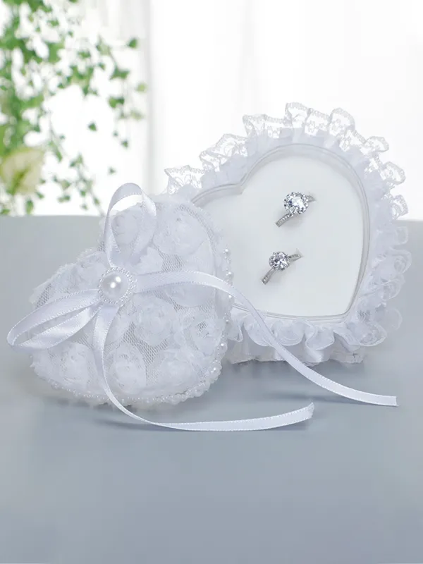 White Heart Shaped Mini Ring Box Wedding Ring Pillow For Bride and Groom, JZH-5935 sold by ChicSew