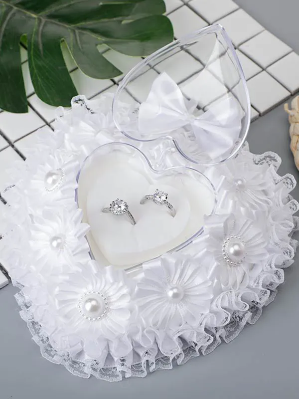 White Lace Heart Shape Wedding Ring Pillow Ring Boxes Bowknot Decoration, JZH-5949 sold by ChicSew