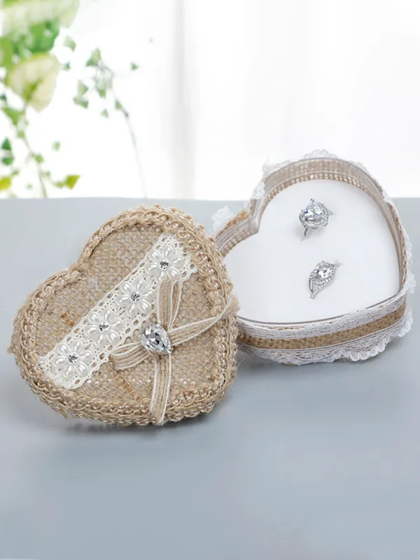 Heart-Shaped Linen Fabric Wedding Ring pillow Creative Lace Bowknot Ring Box Small Portable, JZH-5929 sold by ChicSew