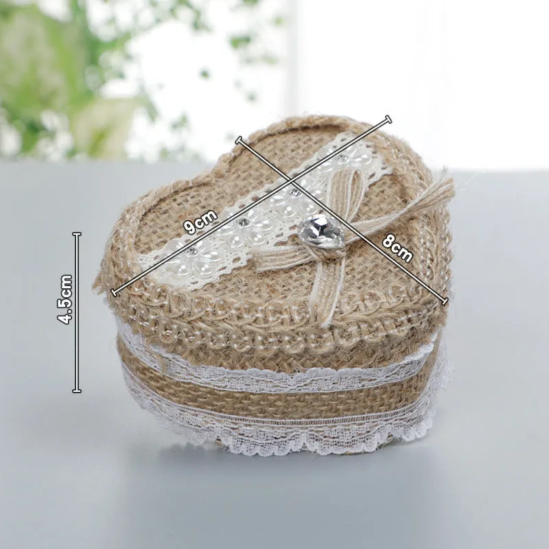 Heart-Shaped Linen Fabric Wedding Ring pillow Creative Lace Bowknot Ring Box Small Portable, JZH-5929 sold by ChicSew product image thumbnail 3