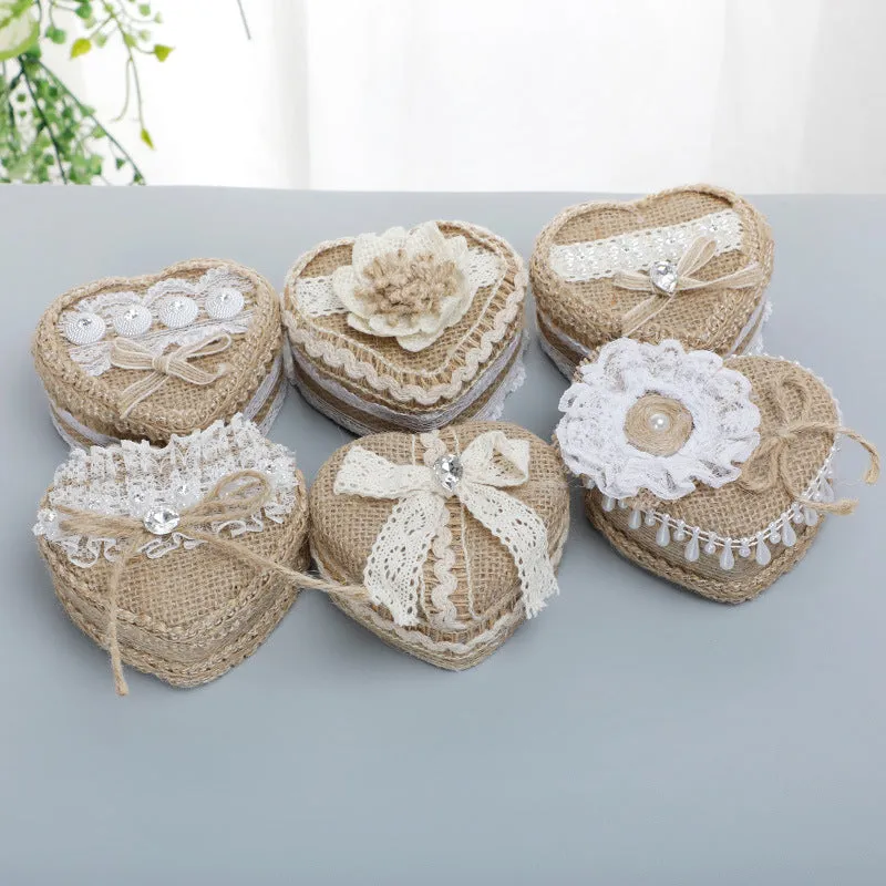Heart-Shaped Linen Fabric Wedding Ring pillow Creative Lace Bowknot Ring Box Small Portable, JZH-5929 sold by ChicSew product image thumbnail 4
