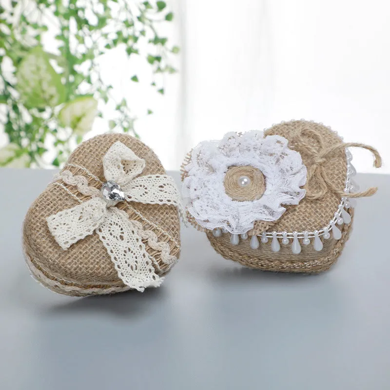 Heart-Shaped Linen Fabric Wedding Ring pillow Creative Lace Bowknot Ring Box Small Portable, JZH-5929 sold by ChicSew product image thumbnail 5