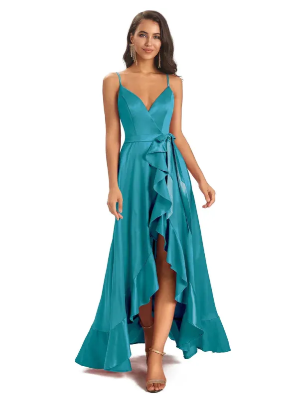 Spaghetti Straps Asymetric A-Line Soft Satin Wrap V-Neck Floor-Length Bridesmaid Dresses In Stock made by ChicSew