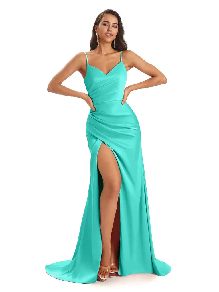 Sexy Spaghetti Straps Mermaid Soft Satin Side Slit Floor-Length Bridesmaid Dresses In Stock sold by ChicSew