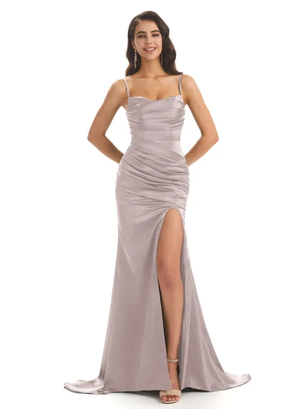 Sexy Mermaid Soft Satin Spaghetti Long Prom Dresses Online With Slit In Stock sold by ChicSew