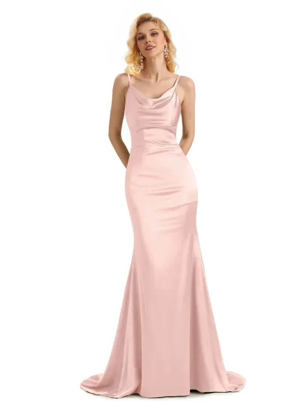 Elegant Soft Satin Cowl Neck Criss Cross Long Mermaid Evening Prom Dresses Online In Stock sold by ChicSew