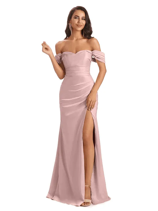 Sexy Off-Shoulder Sweetheart Soft Satin Side Slit Mermaid Floor Length Long Bridesmaid Dresses In Stock sold by ChicSew
