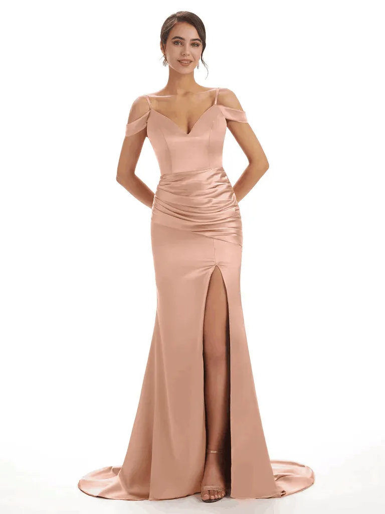 Sexy Off The Shoulder Soft Satin Side Split Long Mermaid Bridesmaid Dresses In Stock sold by ChicSew product image thumbnail 3