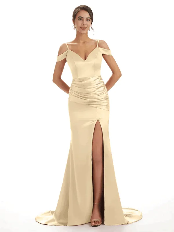 Sexy Off The Shoulder Soft Satin Side Split Long Mermaid Bridesmaid Dresses In Stock sold by ChicSew product image thumbnail 2