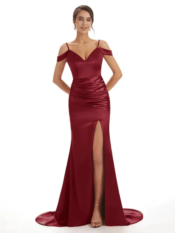 Sexy Off The Shoulder Soft Satin Side Split Long Mermaid Bridesmaid Dresses In Stock sold by ChicSew