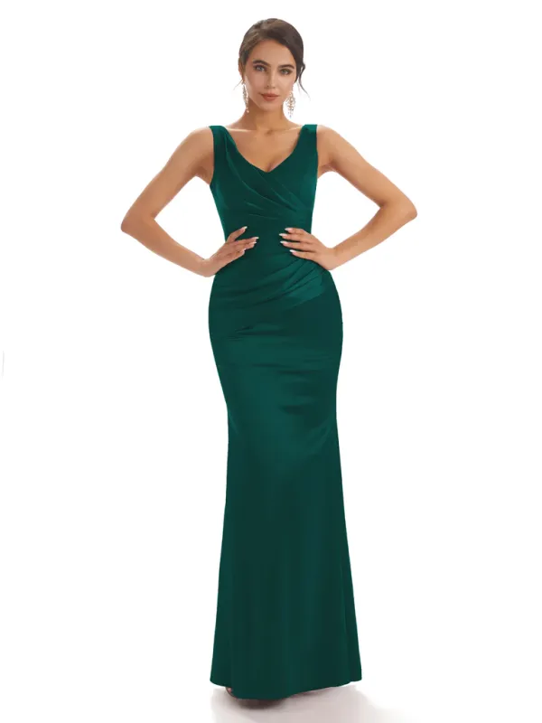 Sexy Soft Satin Sleeveless With Pleats V-Neck Floor-Length Mermaid Bridesmaid Dresses In Stock sold by ChicSew