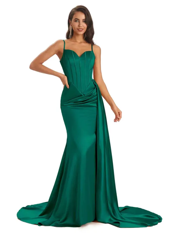 Sexy Soft Satin Mermaid Long Spaghetti Straps Floor-Length Long Bridesmaid Dresses Online In Stock sold by ChicSew