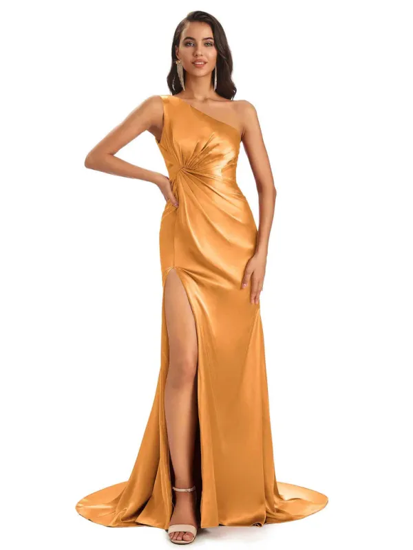 Sexy Soft Satin One Shoulder Side-Slit Floor-Length Mermaid Bridesmaid Dresses In Stock sold by ChicSew