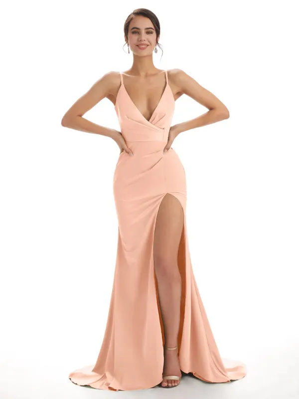 Sexy Soft Satin Side Slit Spaghetti Straps V-Neck Floor-Length Mermaid Bridesmaid Dresses In Stock sold by ChicSew