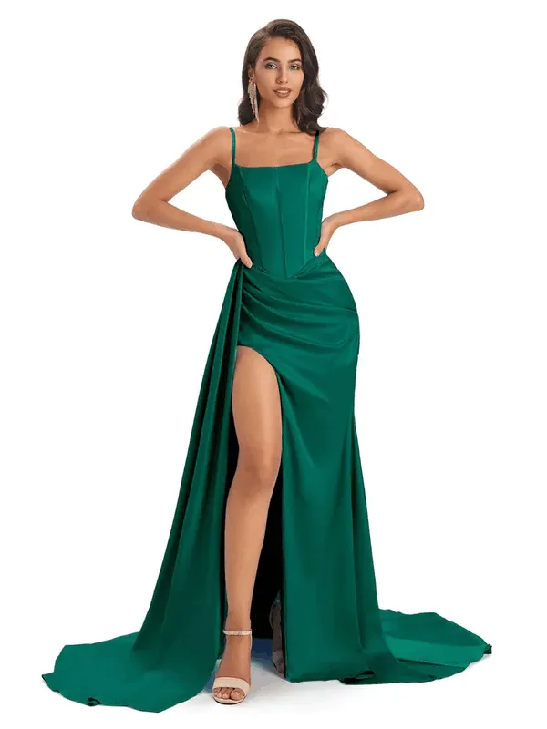 Sexy Soft Satin Side Slit Spaghetti Straps Floor-Length Mermaid Modern Bridesmaid Dresses In Stock sold by ChicSew