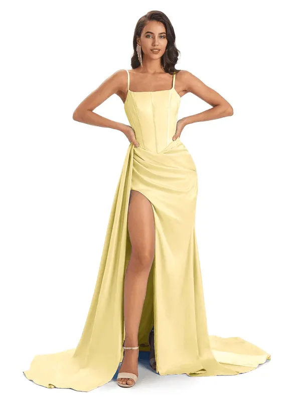 Sexy Soft Satin Side Slit Spaghetti Straps Floor-Length Mermaid Modern Bridesmaid Dresses In Stock sold by ChicSew product image thumbnail 3