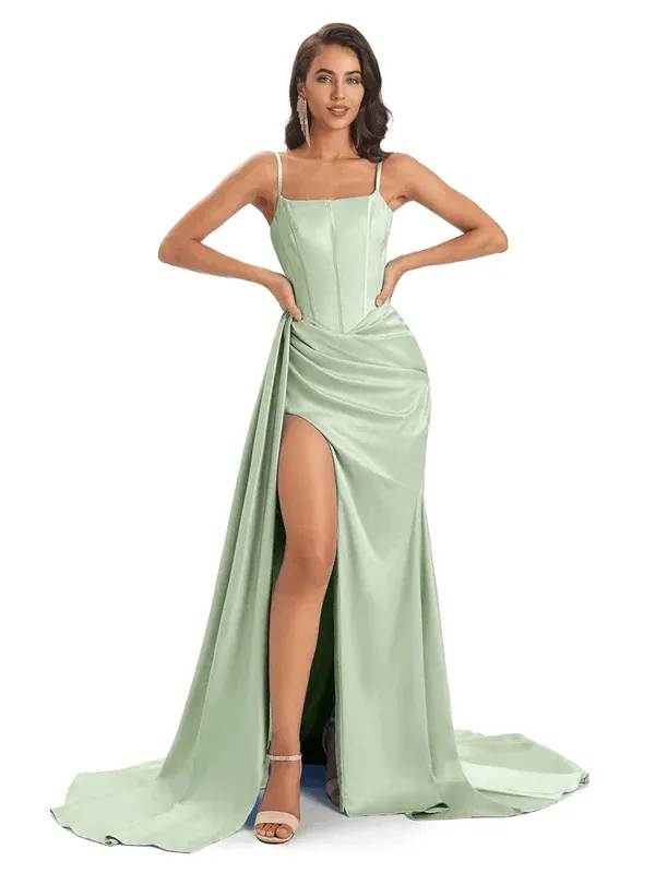 Sexy Soft Satin Side Slit Spaghetti Straps Floor-Length Mermaid Modern Bridesmaid Dresses In Stock sold by ChicSew product image thumbnail 2